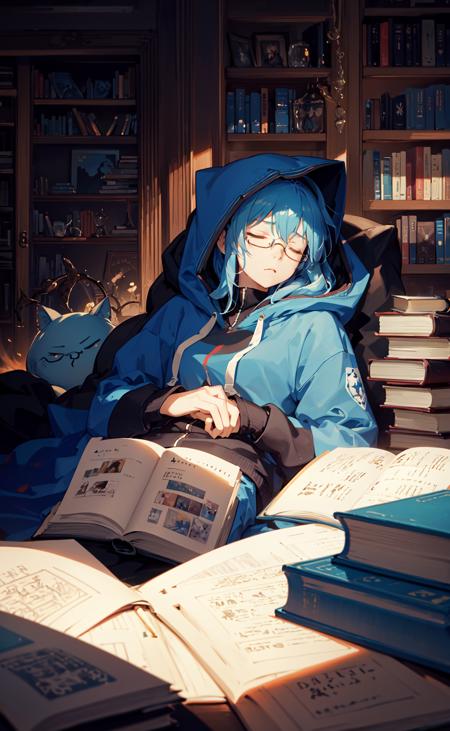 37102-3631781468-masterpiece, best quality, 1girl, lying down surrounded by books, books everywhere, on back, blue hair, medium hair, hoodie, hoo.png